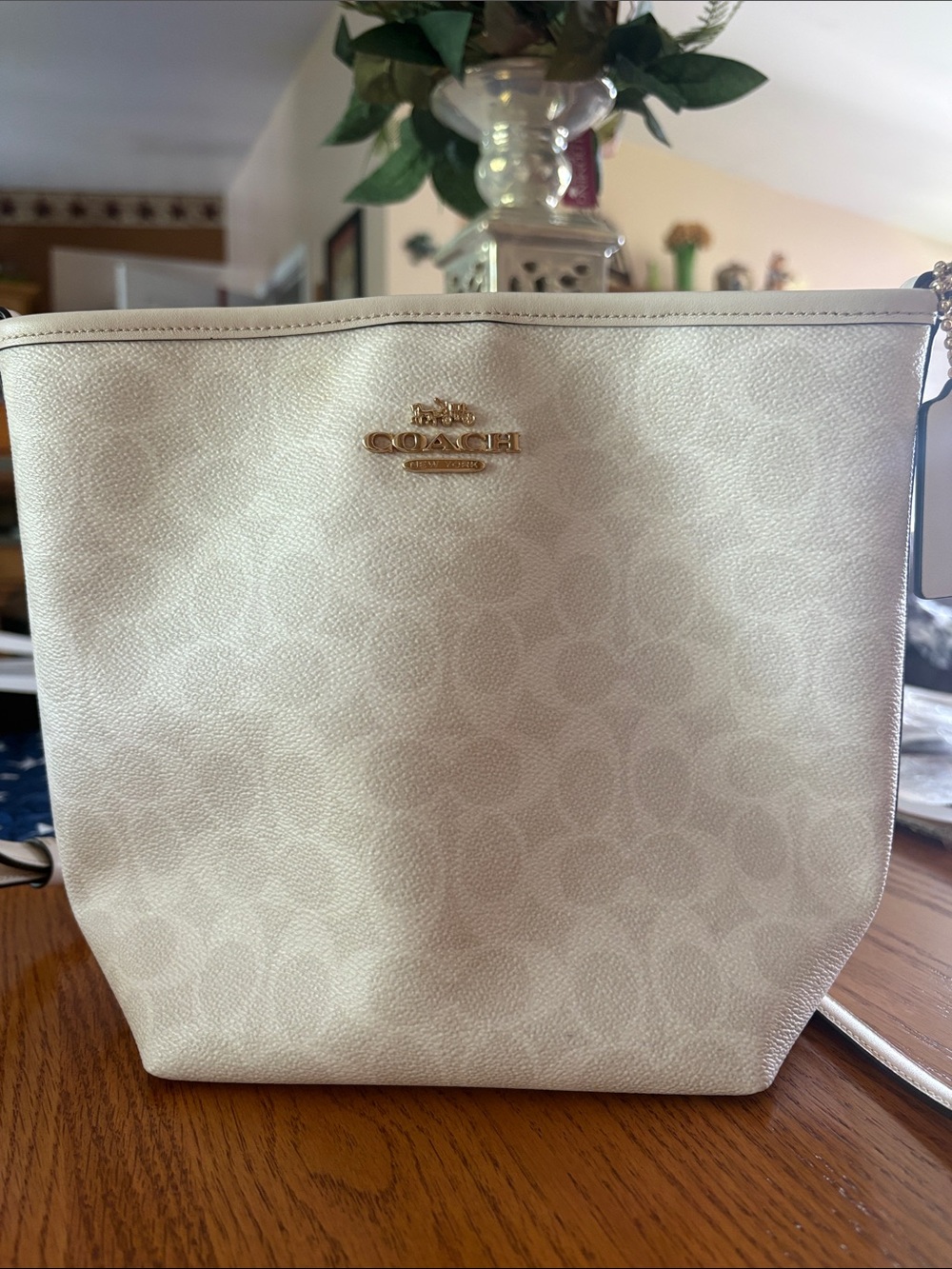 Coach Cream Signature Pebble Leather Crossbody Bag with Gold Hardware